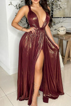 Brown Sexy Solid Split Joint V Neck Straight Dresses