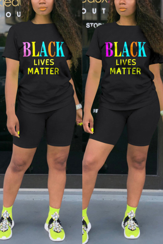 Black Fashion Casual Printed T-shirt Shorts Set