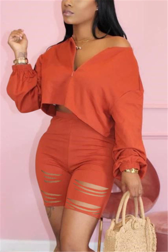 Orange Fashion Casual Broken Hole Pants Set