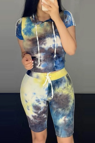 BrownYellow Fashion Casual Printed Short Sleeve Shorts Set