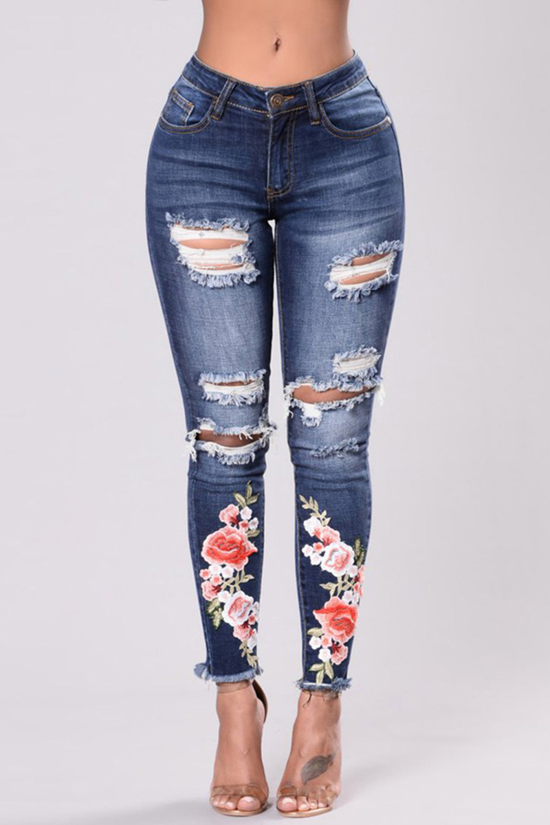 

Blue Fashion Casual Embroidered Slim Denim Trousers