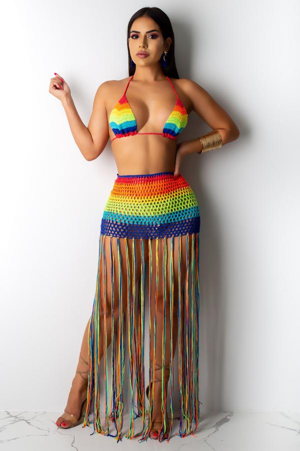 

Rainbow color backless Knit Tassel bandage Hooded Out Tankinis Set