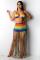 Rainbow color backless Knit Tassel bandage Hooded Out Tankinis Set