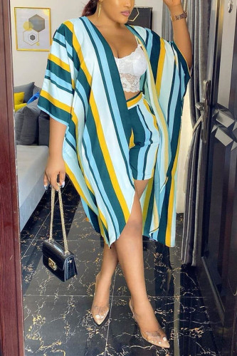 Green Fashion Casual Striped Cover Up Shorts Set