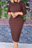 Brown Fashion Casual Solid Fold O Neck Pencil Skirt Dresses