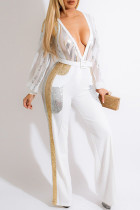 White Fashion Casual Patchwork Sequins See-through V Neck Regular Jumpsuits
