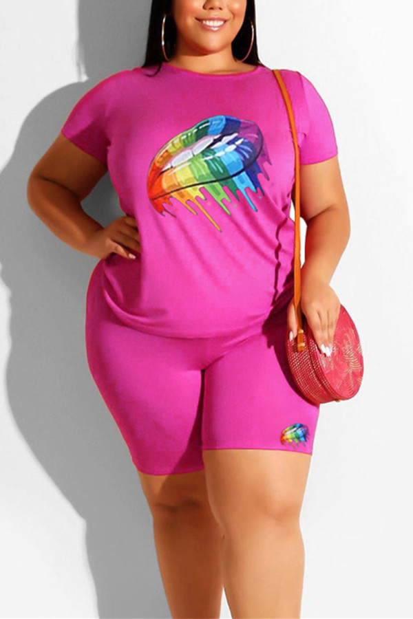 Rose Red Rainbow Lips Print Casual Short Sleelve Plus Size Sporty Shorts Matching Sets