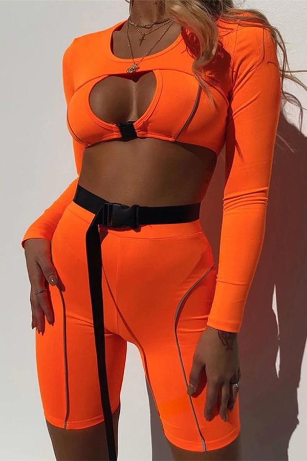Orange Fashion Sexy Stitching Long Sleeve Set (Without Belt)