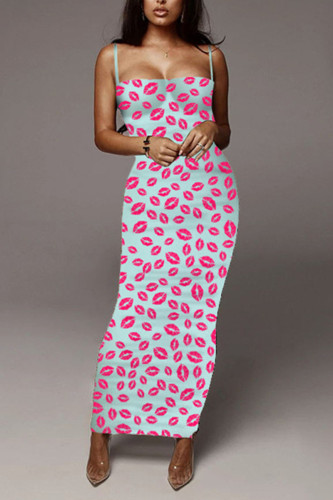 Rose Red Sexy Fashion Printed Sling Long Dress