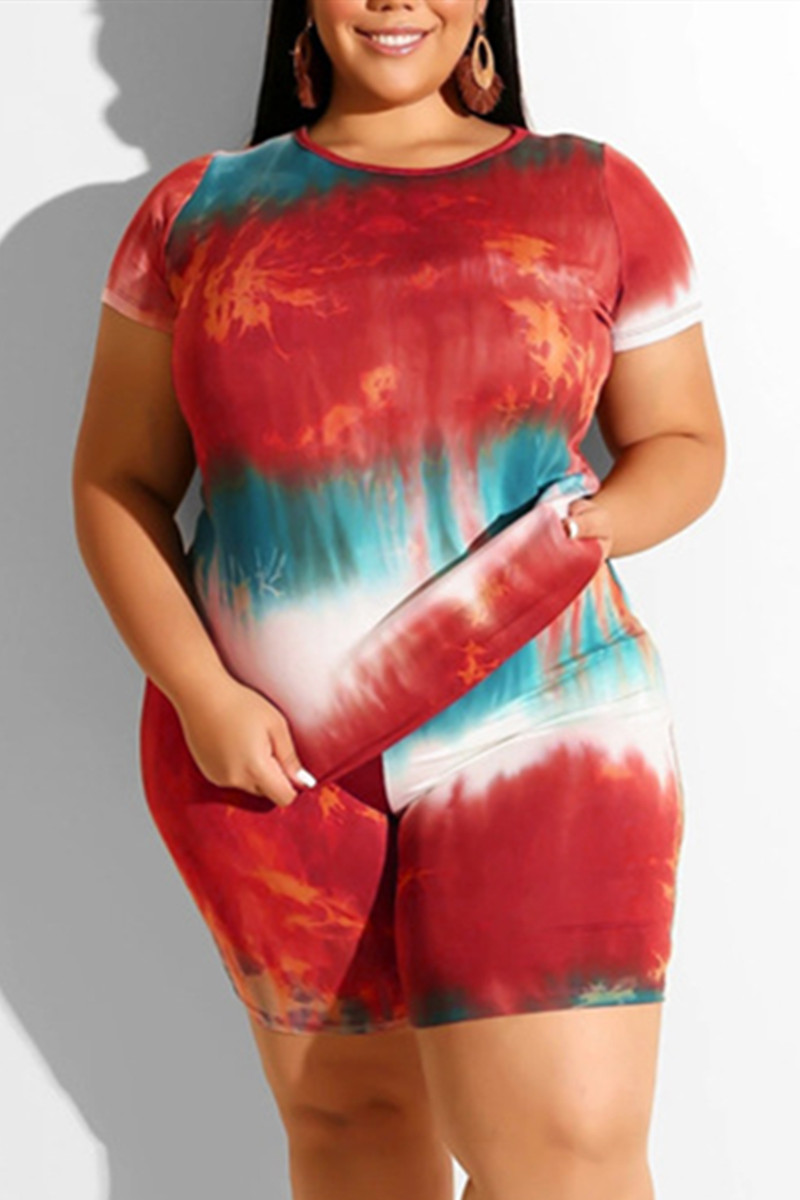 

Red Fashion Casual Printed Plus Size Shorts Two-piece Set