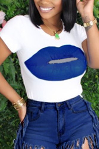 Dark Blue Fashion Casual Printed Short Sleeve T-shirt