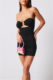 Black Fashion Sexy Print Solid Hollowed Out Backless Strapless Sleeveless Dress