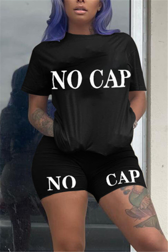 Black Fashion Letters Print T-shirt Shorts Set
