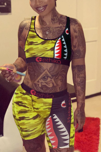 Yellow Sexy Fashion Print Shorts Swimsuit Set