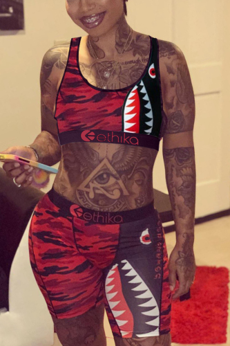 Red Sexy Fashion Print Shorts Swimsuit Set