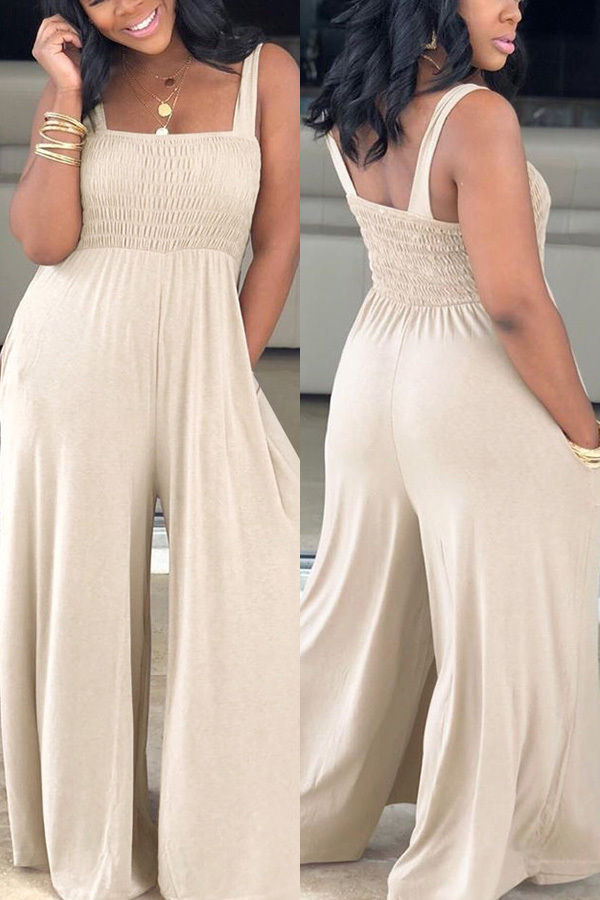 Apricot Casual Solid Sleeveless Slip Jumpsuits