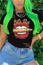 Black Fashion Casual Lips Printed T-shirt
