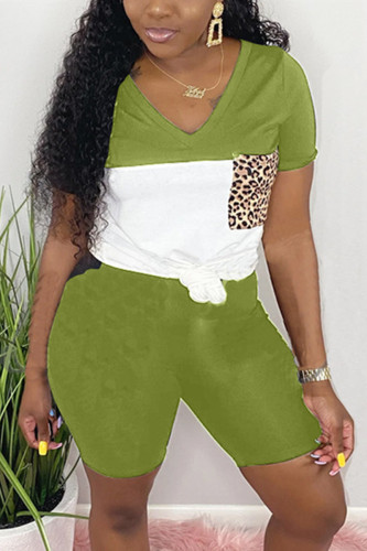 Green Fashion Casual Stitching Short Sleeve Shorts Set