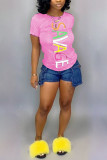 Pink Stylish Sweet Letter Digital Positioning Print T-shirt
