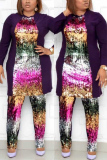 Rose Red Fashion Casual Sequin Stitching Two-piece Set