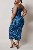 Blue Sexy Fashion Print Plus Size Suspender Dress