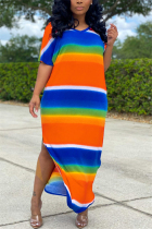 Orange Fashion Casual Striped Printed Long Dress