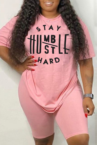 Pink Fashion Casual Printed Short Sleeve Shorts Set