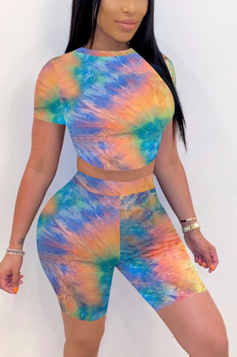 Blue Fashion Casual Printed T-shirt Shorts Set