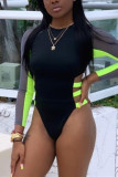 Black Sexy Stitching Long Sleeve One-piece Swimsuit