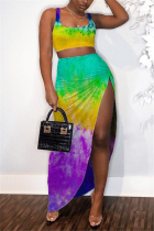 GreenYellow Sexy Tie-dyed Printed Vest Tops Skirt Set