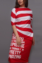 Red Fashion Casual Letter Stripe Printed Skirt Set