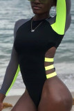 Black Sexy Stitching Long Sleeve One-piece Swimsuit