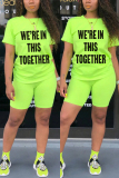 Fluorescent green Fashion Casual Printed Short-sleeved Top Set
