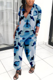Green Casual Print Long Sleeve V Neck Jumpsuits
