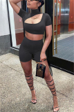 Black Fashion Sexy Cutout Turtleneck Top Shorts Set