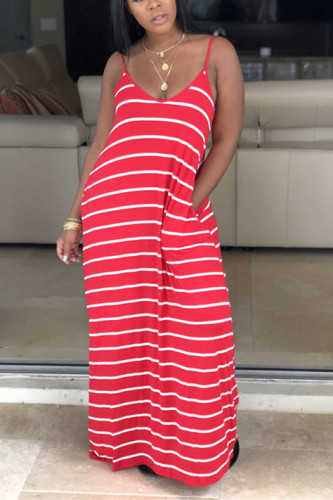 Red Sexy Fashion Spaghetti Strap Sleeveless Slip Step Skirt Ankle-Length Striped Solid Casual