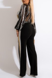 Black Fashion Casual Patchwork Sequins See-through V Neck Regular Jumpsuits