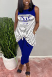 Blue Fashion Casual Striped Letters Printing Sleeveless Set