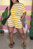Yellow Casual Striped Printed Short Sleeved Romper