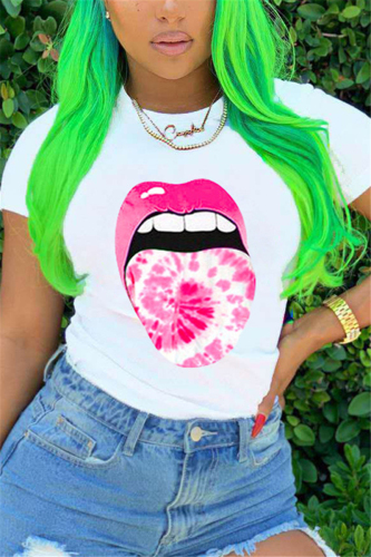 Pink Fashion Lips Print Short Sleeve T-shirt