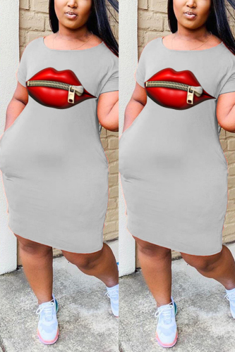 Grey Sexy Fashion Lips Print Short Sleeve Dress