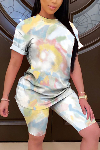 Yellow Fashion Casual Printed T-shirt Shorts Set