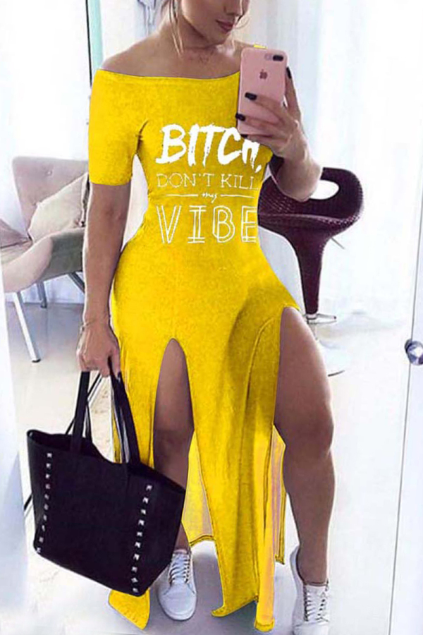 Yellow Sexy Fashion Letter Printed Split Dress