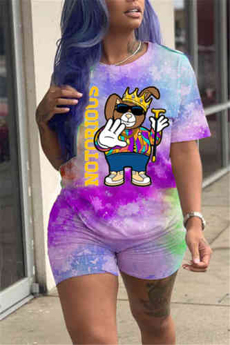 Purple Fashion Tie-dye Cartoon Printed T-shirt Shorts Set
