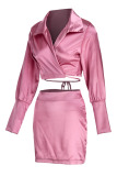 Pink Sexy Solid Patchwork V Neck Long Sleeve Two Pieces
