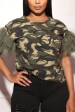 Army Green Fashion Camouflage Print Stitching T-shirt