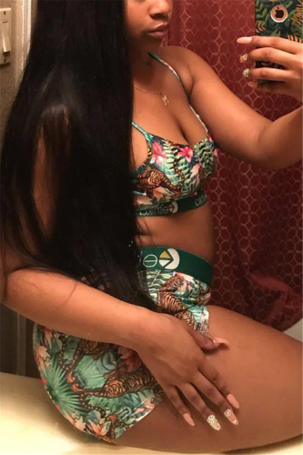 Green Sexy Fashion Print Sling Tops Shorts Set