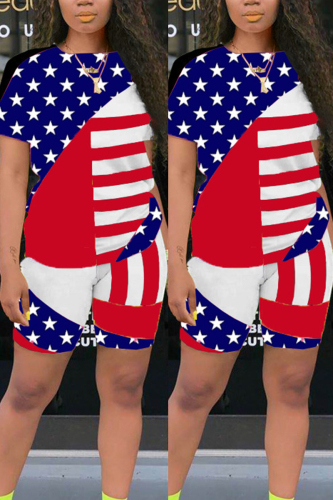 Blue Fashion Printed T-shirt Shorts Casual Set