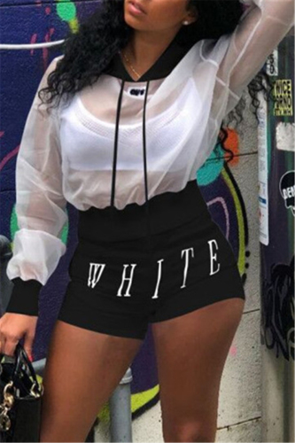 Black Fashion Casual Long Sleeve Top Shorts Set