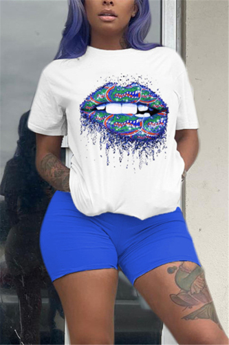 Blue Fashion Casual Printed T-shirt Shorts Set